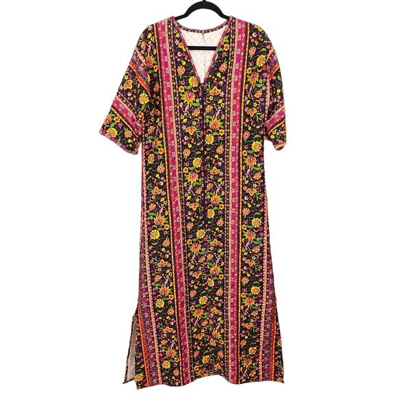 Vintage Women's Quilted Zip Floral Print V-Neck Midi Dress Size Large / XL